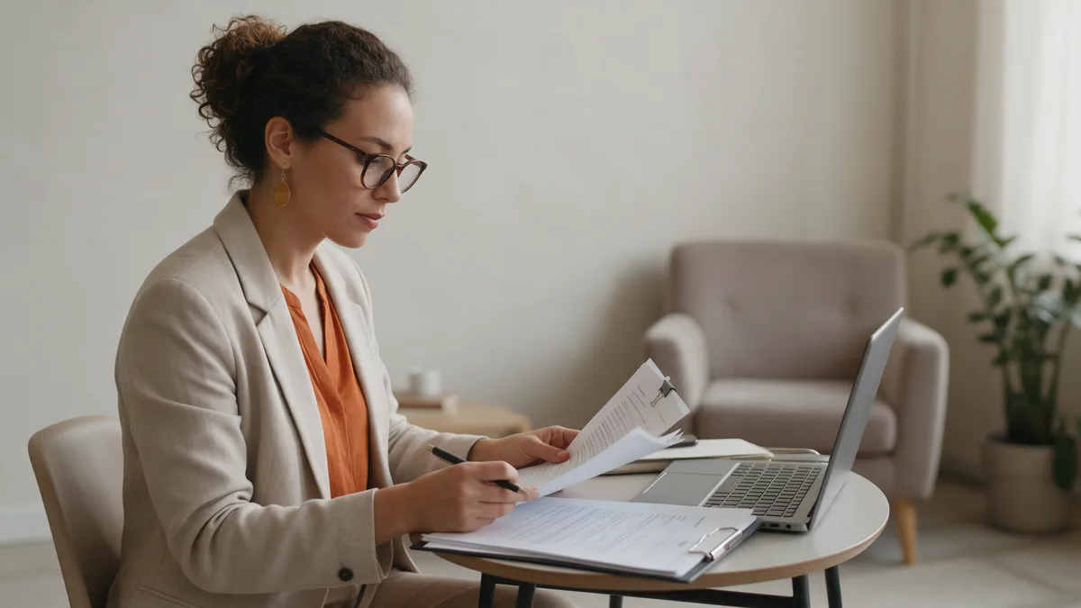 Psicóloga revisa documentos e o notebook em seu consultório entre um atendimento e outro