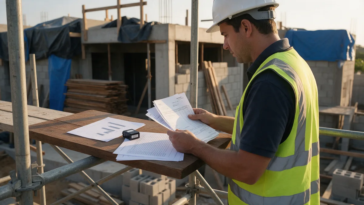 Engenheiro confere notas fiscais de serviço e medição de obra em um canteiro